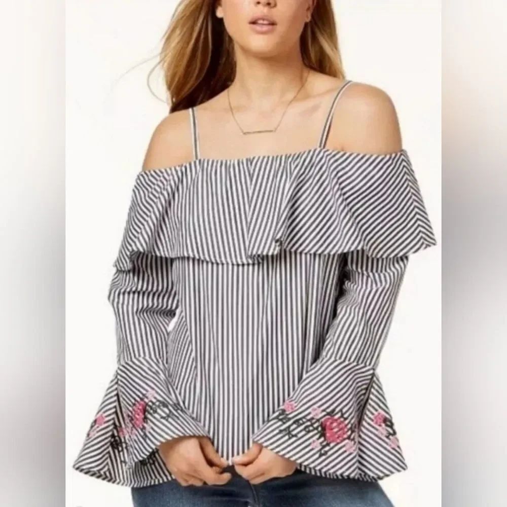 🔺️BCX Striped Off Shoulder Embroidered Floral Bell Sleeve Top Small